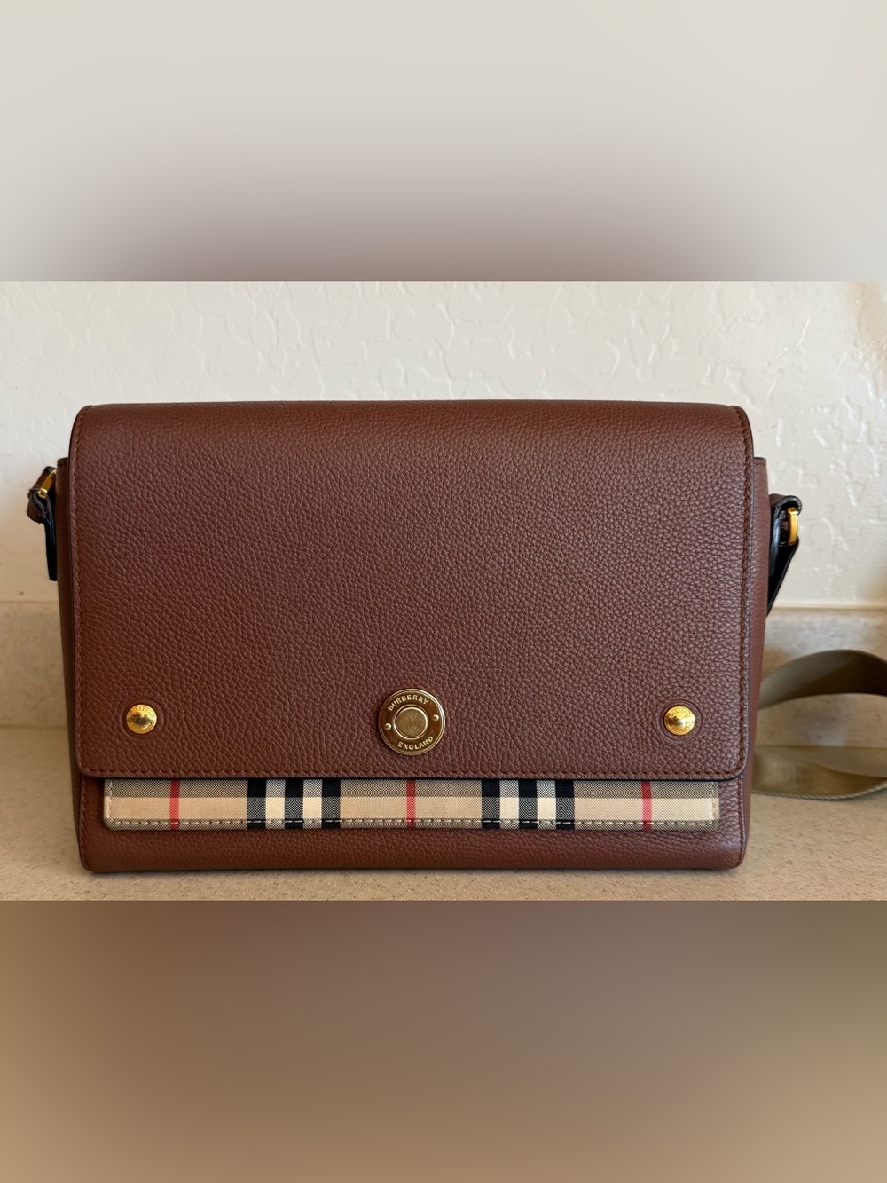 Burberry Brown Leather Cross Bag with Signature Fabric